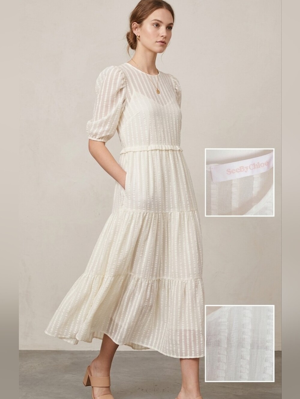 See By Chloe Ivory Tiered Midi Dress Size 36 Cotton